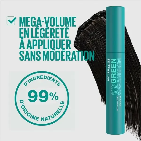 02 Very Black - Mascara Volume Enrichi en Beurre de Karité Green Edition Mega Mousse de Maybelline New-York