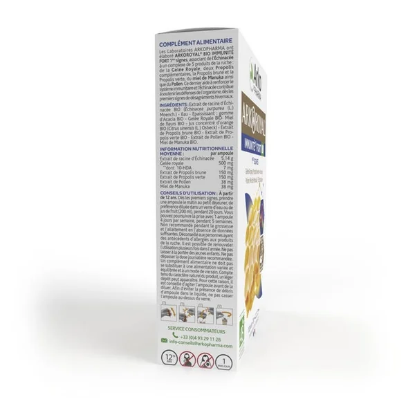 ARKOROYAL - Immunité Fort Bio, Gelée Royale, Propolis, 20 Ampoules de 10ml