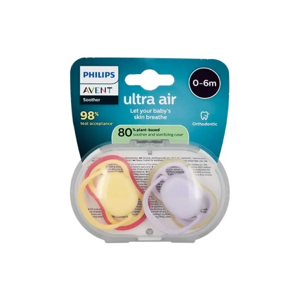 Avent Ultra Air 2 Sucettes Orthodontiques 0-6 Mois - Couleur : Jaune et Mauve