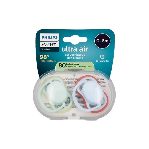 Avent Ultra Air 2 Sucettes Orthodontiques 0-6 Mois - Couleur : Vert et Bleu