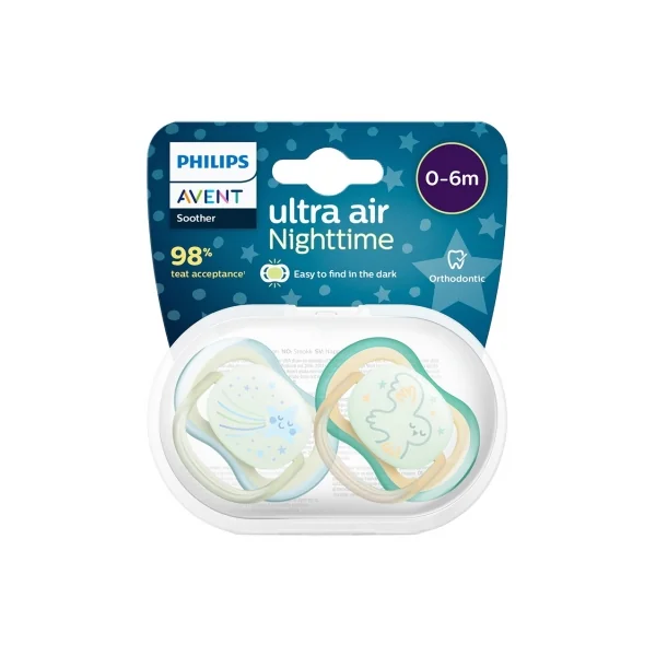 Avent Ultra Air Nighttime 2 Sucettes Orthodontiques 0-6 Mois - Couleur : Bleu et Vert 1