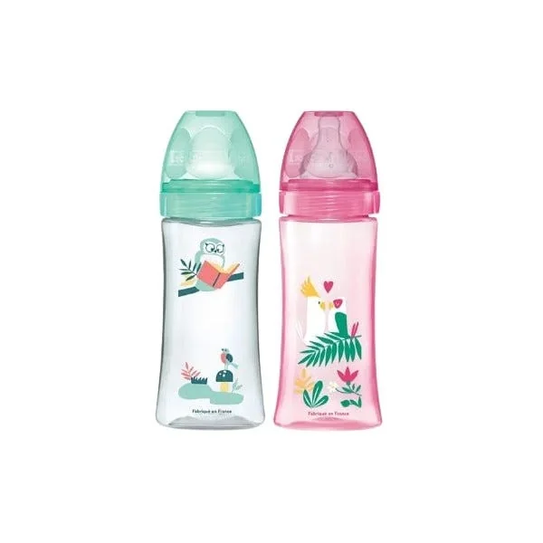 Biberon Anti-colique Initiation+ Débit Rapide Hibou Perroquets, 2 biberons de 330ml