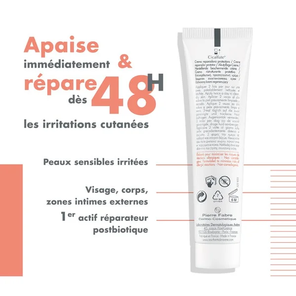 CICALFATE+ - Crème Réparatrice Protectrice - Visage et Corps - Peaux Sensibles Irritées, 100ml