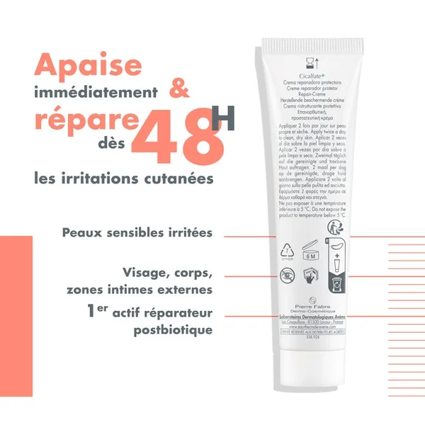 CICALFATE+ - Crème Réparatrice Protectrice - Visage et Corps - Peaux Sensibles Irritées, 40ml