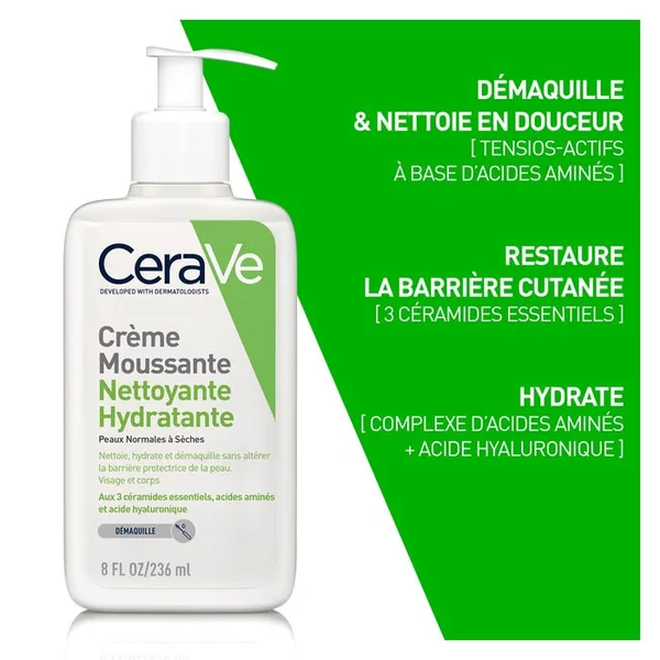 Crème Moussante Nettoyante Hydratante Visage pour les Peaux Normales à Sèches, 236ml