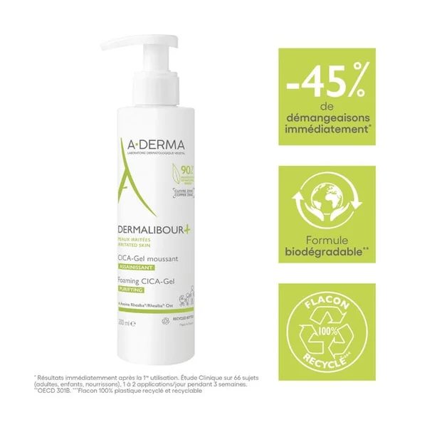 DERMALIBOUR+ - CICA-Gel Moussant Assainissant - Visage et Corps - Peaux Irritées, 200ml