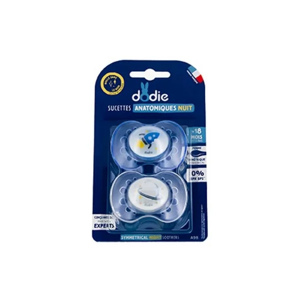 Dodie 2 Sucettes Anatomiques Nuit 18 Mois et + - Modèle : Fusée et Planète