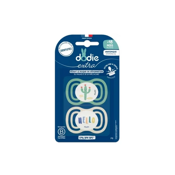 Dodie Extra 2 Sucettes Anatomiques Symmetrical + 18 Mois - Modèle : Cactus/Hello