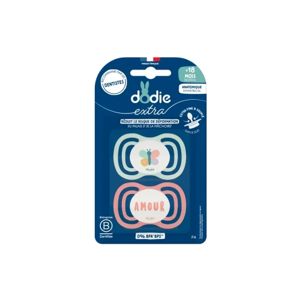 Dodie Extra 2 Sucettes Anatomiques Symmetrical + 18 Mois - Modèle : Papillon/Amour