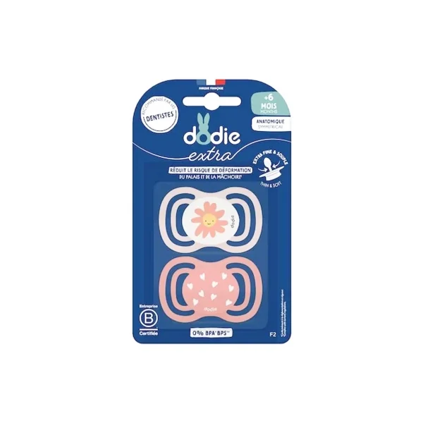 Dodie Extra 2 Sucettes Anatomiques Symmetrical + 6 Mois - Couleur : Fleur/Coeurs