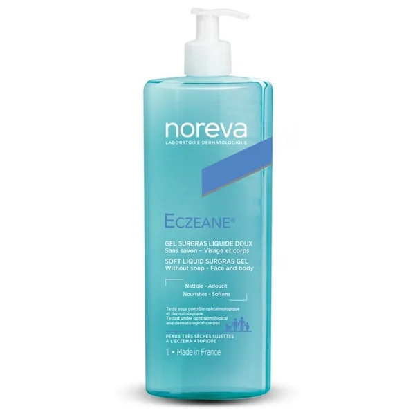 ECZEANE - Gel Surgras Liquide Doux - Visage et Corps - Peaux Très Sèches Sujettes à l'Eczema Atopique, 1L