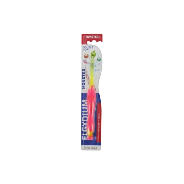 Elgydium Monster Brosse à Dents 2-6 Ans Souple - Couleur : Jaune et Rose