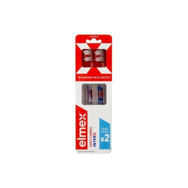 Elmex Anti-Caries InterX Brosse à Dents Souple Duo Pack - Couleur : Bleu et Violet