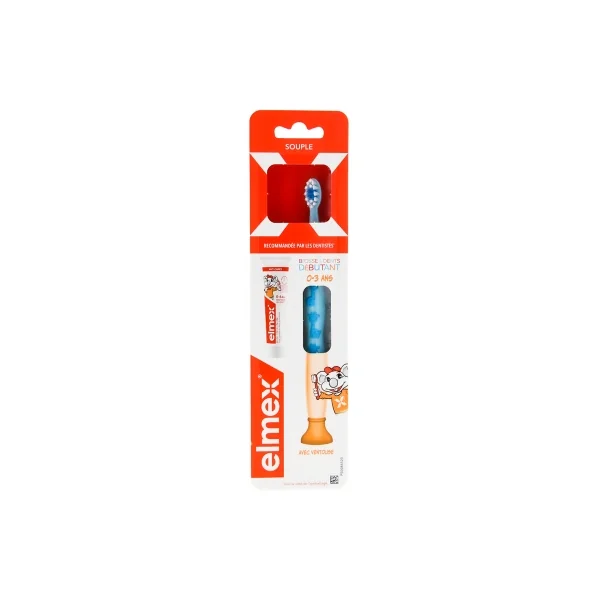 Elmex Brosse à Dents Souple Débutant 0-3 Ans + Mini-Dentifrice Anti-Caries 0-6 Ans 12 ml - Couleur : Bleu Ciel - Bleu