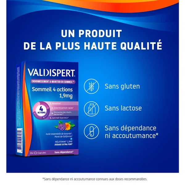 Endormissement & Maintien Du Sommeil - Sommeil 4 Actions 1,9 mg - Complément Alimentaire Plantes et de Mélatonine 1,9mg, 30 Capsules