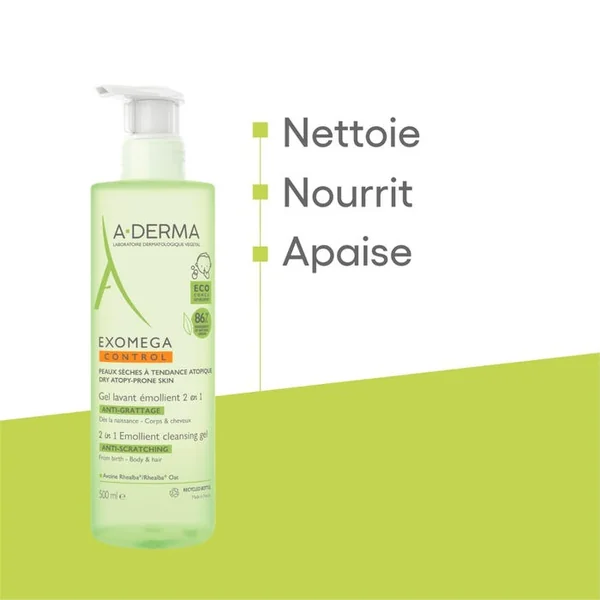 EXOMEGA CONTROL - Gel Lavant Émollient 2 en 1 Anti-Grattage Bébé - Visage Corps et Cheveux - Peaux Sèches à Tendance Atopique, 2x500ml