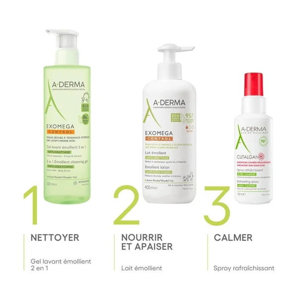 EXOMEGA CONTROL - Gel Lavant Émollient 2 en 1 Anti-Grattage Bébé - Visage Corps et Cheveux - Peaux Sèches à Tendance Atopique, 500ml