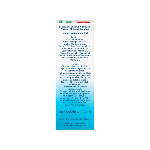 ginkgo + B-Vitamine + Cholin Kapseln 40 St, 22,4 g