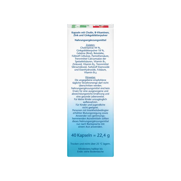 ginkgo + B-Vitamine + Cholin Kapseln 40 St, 22,4 g