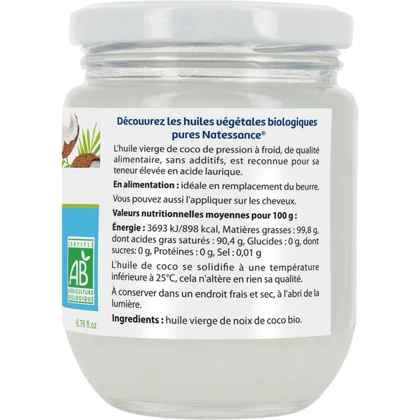 Huile de Coco Bio - Visage, Corps et Cheveux - Tous Types de Peaux et de Cheveux, 200ml