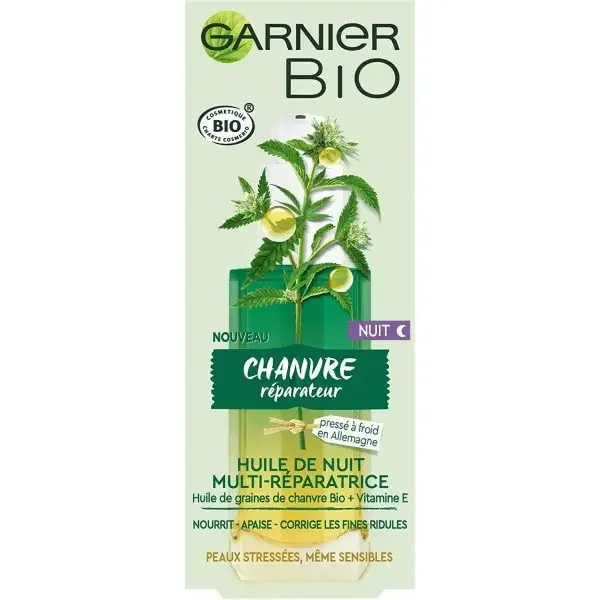 Huile de Nuit Multi-Réparatrice Visage Au Chanvre Nourrissant & Vitamine E de Garnier Bio