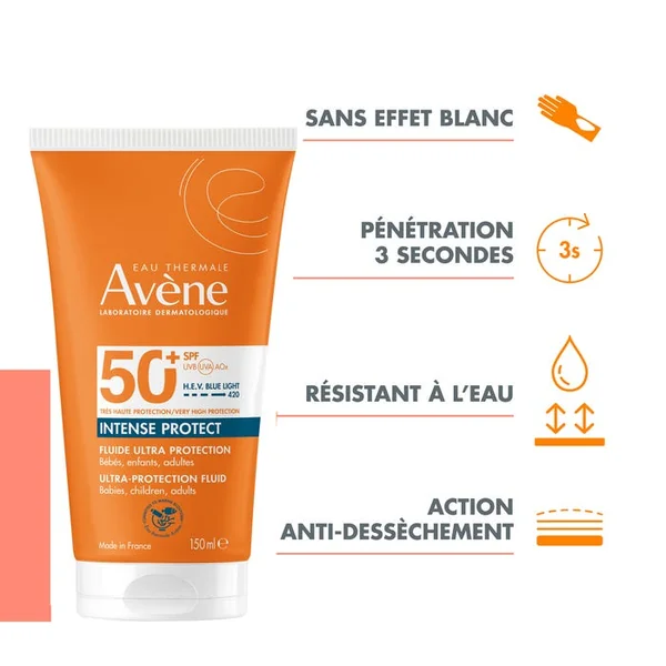 INTENSE PROTECT - Fluide Solaire SPF50+ Sans Parfum - Visage et Corps - Peaux Sensibles, 150ml