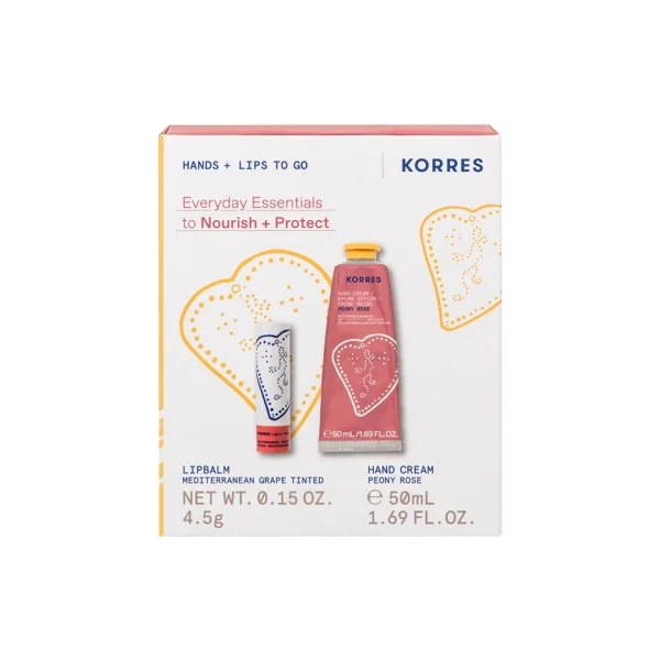 Korres Crème Mains Hydratante Peony Rose 50 ml + Korres Stick à Lèvres Teinté Raisin Méditerranéen 4,5 g