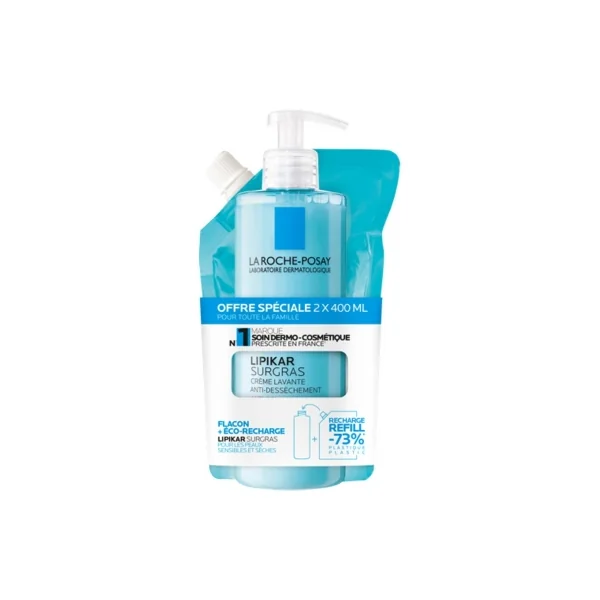 La Roche-Posay Lipikar Surgras Crème Lavante Anti-Dessèchement 400 ml + Éco-Recharge 400 ml