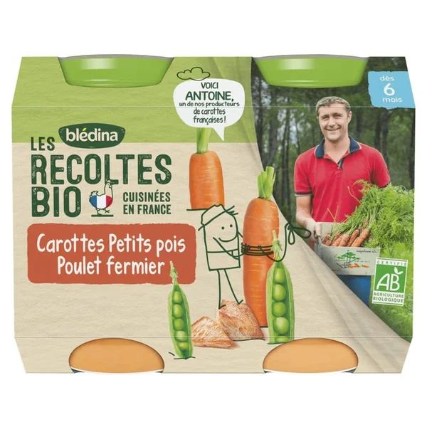 LES RECOLTES BIO - Petits Pots Carottes Petits pois Poulet fermier Bio - Dès 6 mois, 2x200g