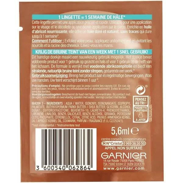 Lingette Bronzante Visage & Corps Natural Bronzeur Ambre Solaire de Garnier