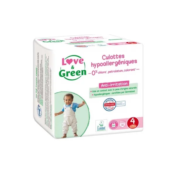 Love & Green Culottes Hypoallergéniques 32 Culottes Taille 4 (8-15 kg)
