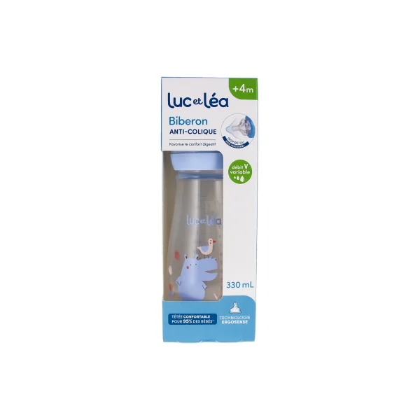 Luc et Léa Ergosense Biberon Anti-Colique 330 ml Débit Variable 4 Mois et + - Couleur : Hippo Bleu