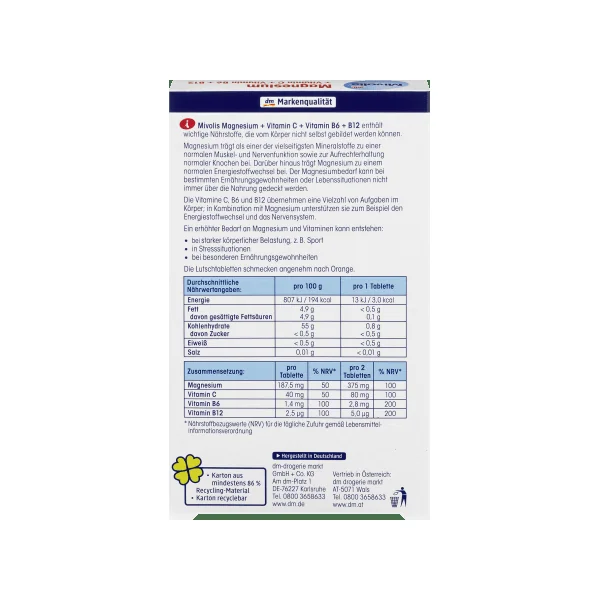 Magnesium + Vitamin C + Vitamin B6 + B12, Lutschtabletten, 30 St., 45 g