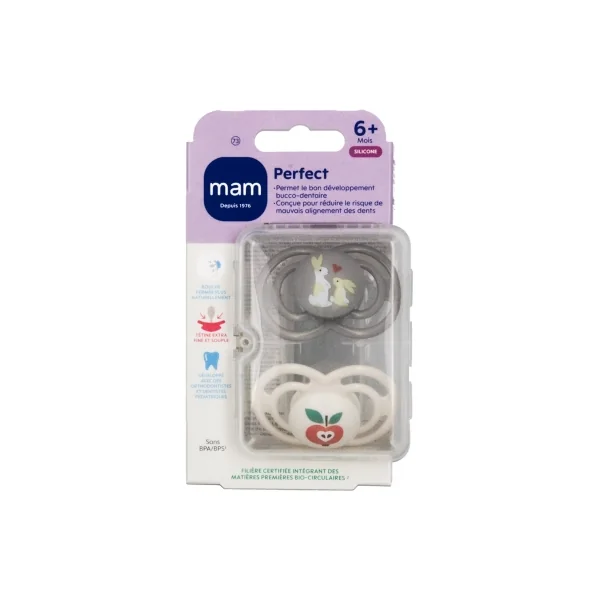 MAM 2 Sucettes Perfect Animaux 6 Mois et + - Modèle : Lapins et Pomme