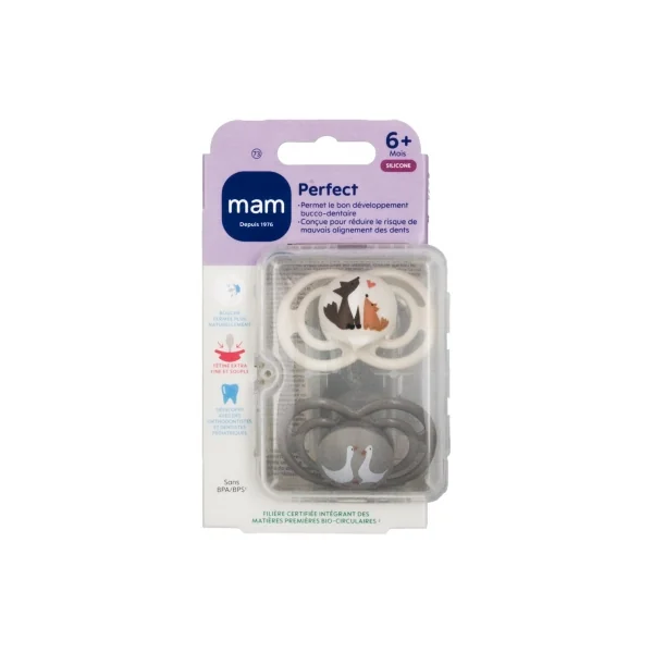 MAM 2 Sucettes Perfect Animaux 6 Mois et + - Modèle : Renards et Oies