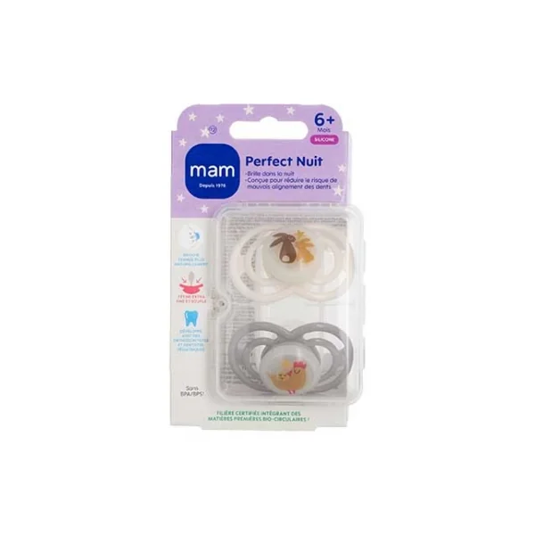 MAM 2 Sucettes Perfect Nuit 6 Mois et + - Modèle : Lapins et Poules