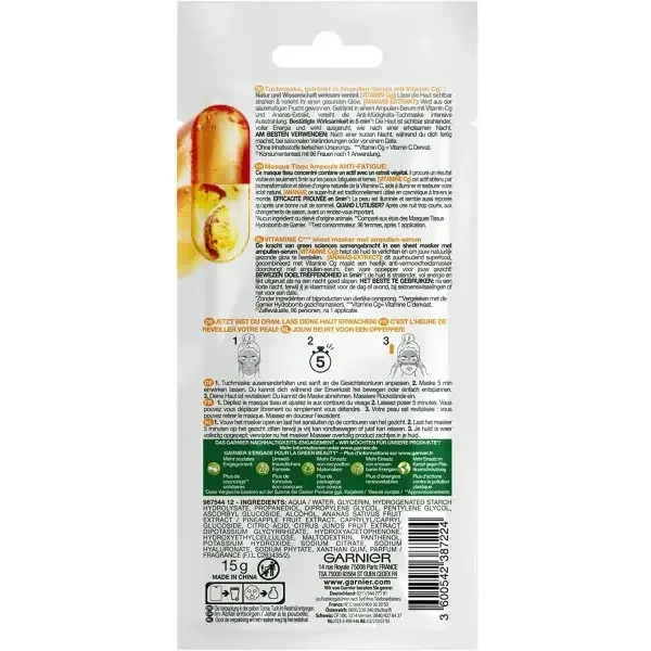 Masque Tissu Ampoule Anti-Fatigue Vitamine C & Extrait d'Ananas Formule Vegan de Garnier SkinActive