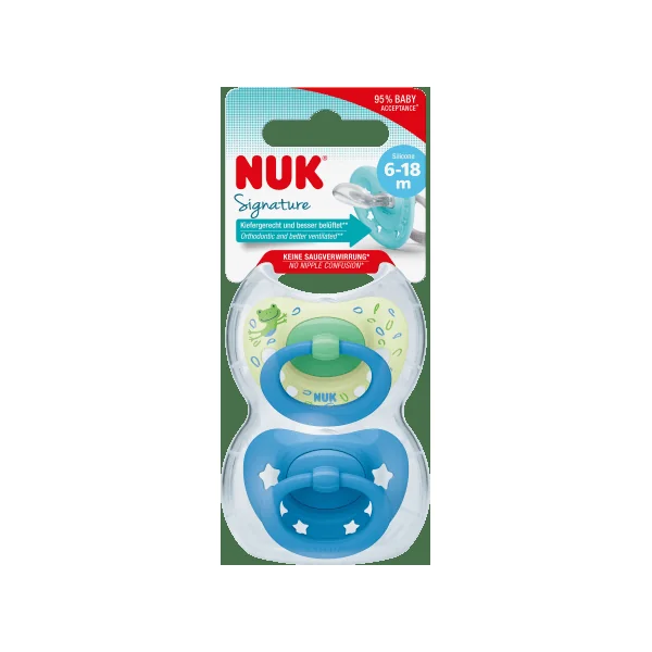 NUK Schnuller Signature Silikon, grün/blau, 6-18 Monate, 2 St