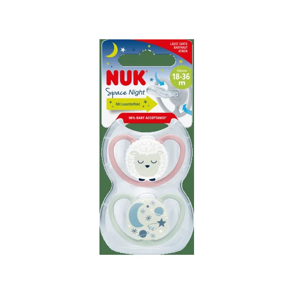 NUK Schnuller Space Night Silikon, lila/mint, ab 18 Monate, 2 St