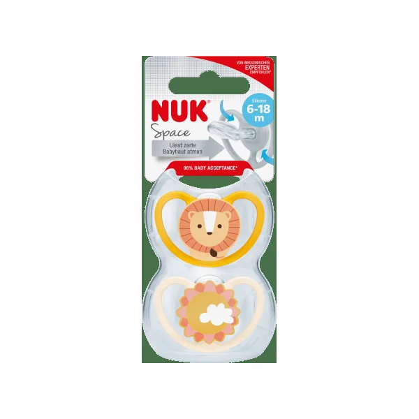 NUK Schnuller Space Silikon, gelb/aprikose, 6-18 Monate, 2 St