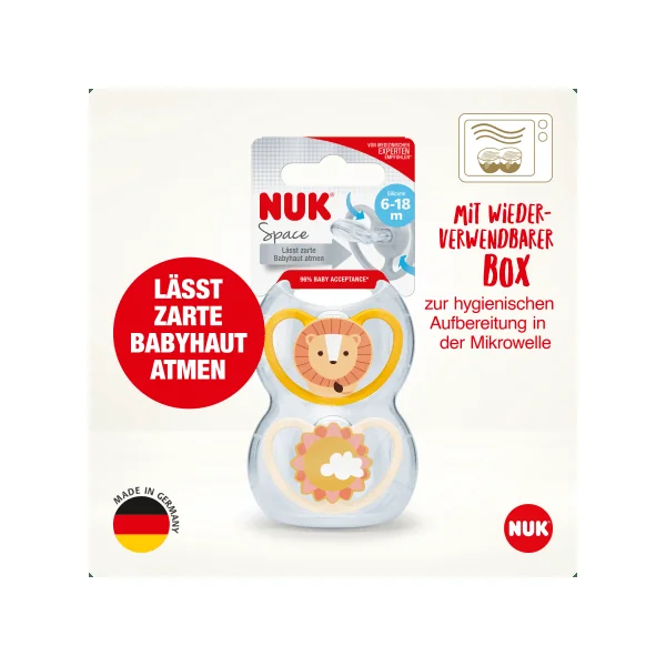 NUK Schnuller Space Silikon, gelb/aprikose, 6-18 Monate, 2 St