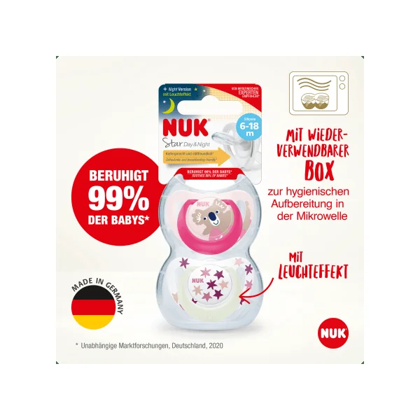 NUK Schnuller Star Day & Night Silikon, pink/weiß, Gr.2, 6-18 Monate, 2 St