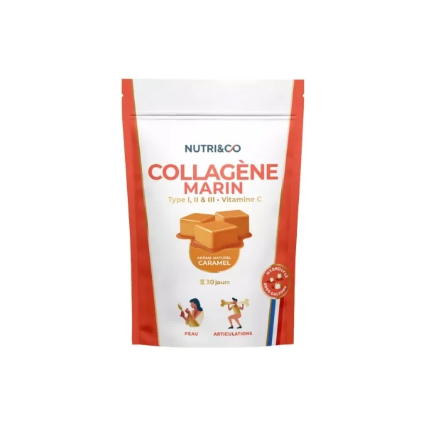 Nutri&Co Collagène Marin Type I, II et III Vitamine C 180 g - Goût : Caramel