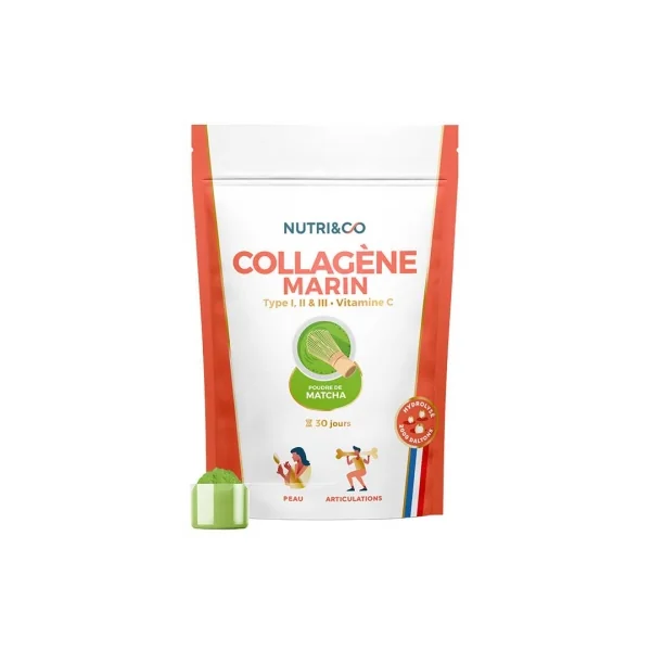 Nutri&Co Collagène Marin Type I, II et III Vitamine C 180 g - Goût : Poudre de Matcha