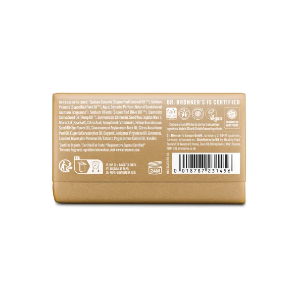 Pain de savon jasmin / bois de santal Dr Bronner's 140gr