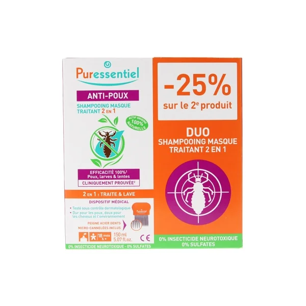 Puressentiel Anti-Poux Shampoing Masque Traitant 2 en 1 Lot de 2 x 150 ml