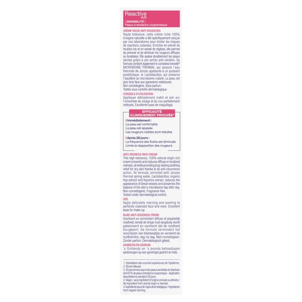 REACTIVE AR - Crème Riche Anti-Rougeurs Bio - Visage - Peaux Normales à Sèches, 40ml