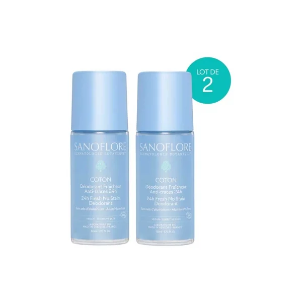 Sanoflore Déodorant Fraîcheur 24H Coton Roll-On Bio Lot de 2 x 50 ml