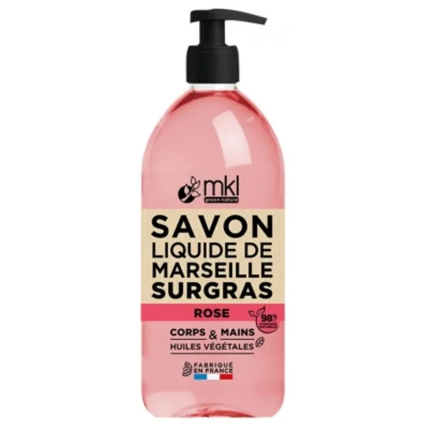 Savon Liquide de Marseille Surgras Rose Damas - Corps et Mains - Tous Types de Peaux, 1L