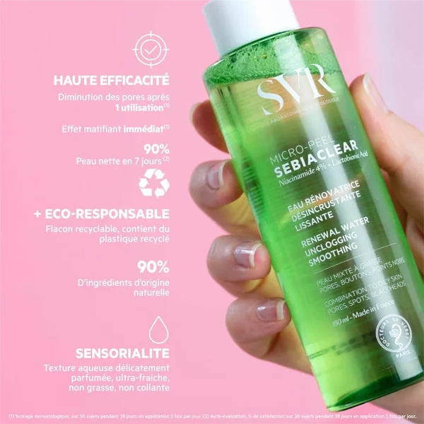 SEBIACLEAR MICRO-PEEL - Eau Rénovatrice Désincrustante Lissante - Visage - Peaux Mixtes à Grasses, 150ml
